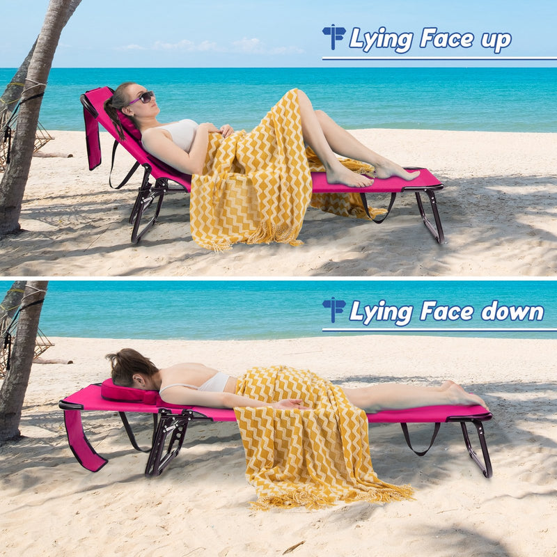 Beach Chaise Lounge Chair with Face Hole and Removable Pillow-Pink