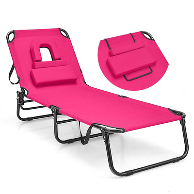 Beach Chaise Lounge Chair with Face Hole and Removable Pillow-Pink