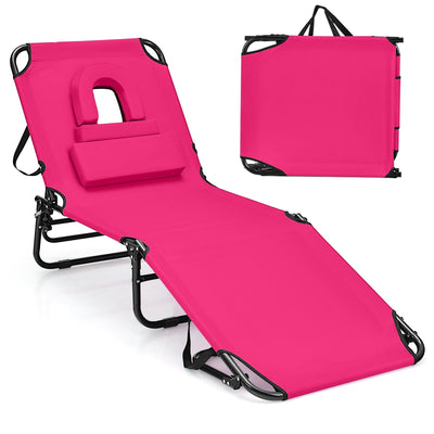 Beach Chaise Lounge Chair with Face Hole and Removable Pillow-Pink