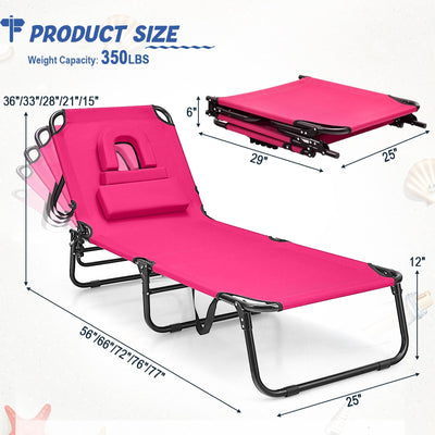 Beach Chaise Lounge Chair with Face Hole and Removable Pillow-Pink