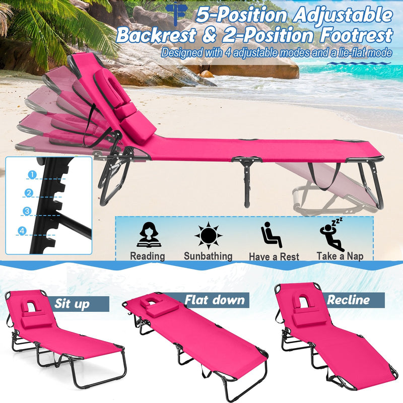 Beach Chaise Lounge Chair with Face Hole and Removable Pillow-Pink