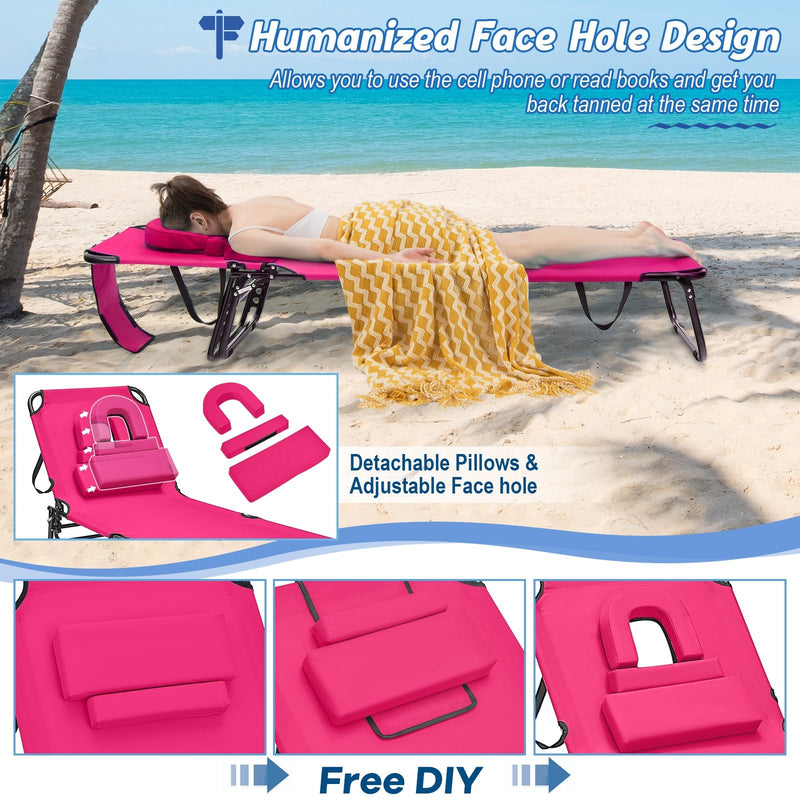 Beach Chaise Lounge Chair with Face Hole and Removable Pillow-Pink