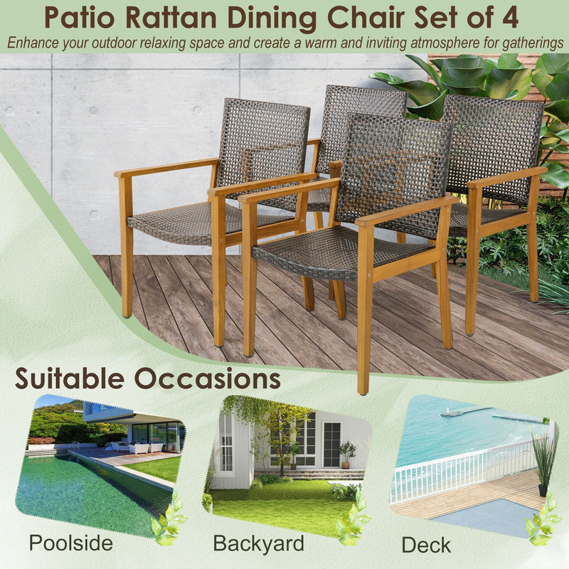 Set of 4 Outdoor Rattan Chair with Sturdy Acacia Wood Frame-Set of 4