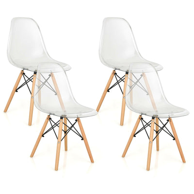 Set of 4 Dining Chairs Modern Plastic Shell Side Chair with Clear Seat and Wood Legs-Natural