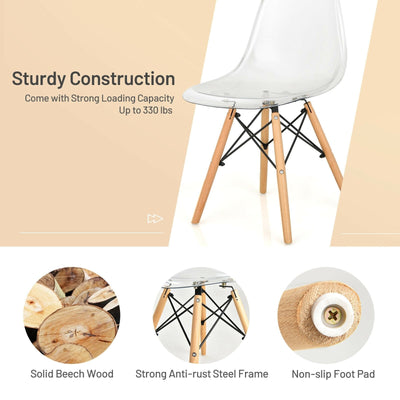 Set of 4 Dining Chairs Modern Plastic Shell Side Chair with Clear Seat and Wood Legs-Natural