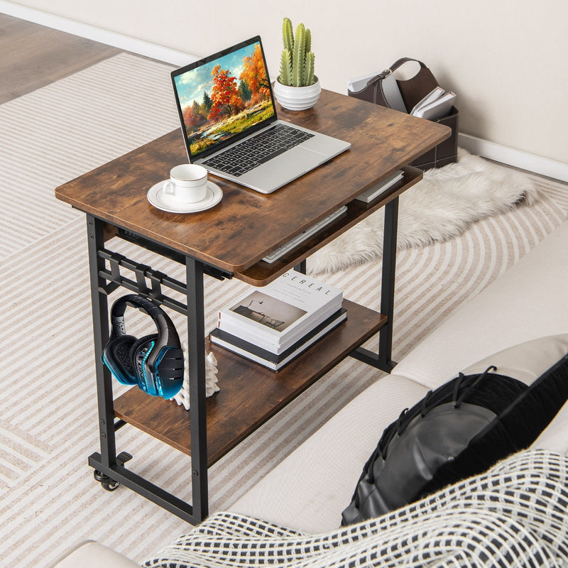 Rolling Laptop Table with Pull-out Keyboard Tray and Hooks-Rustic Brown