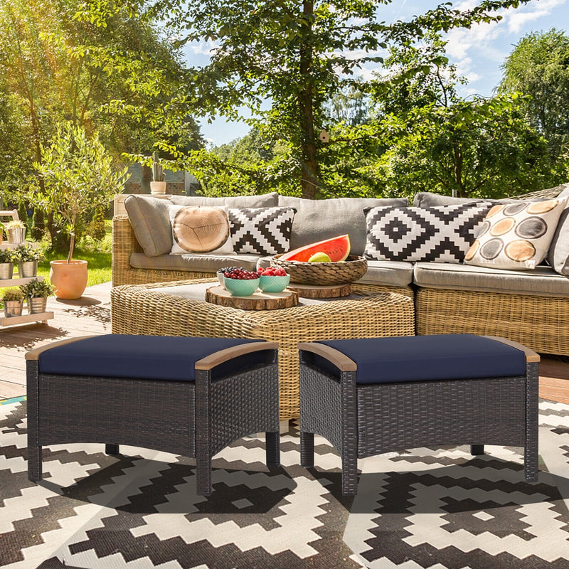 Set of 2 Fade-Resistant Wicker Patio Ottoman-Navy