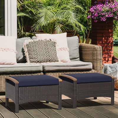 Set of 2 Fade-Resistant Wicker Patio Ottoman-Navy