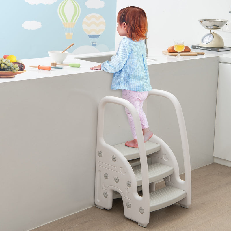 3-Step Stool with Safety Handles and Non-slip Pedals for Toddlers-Gray