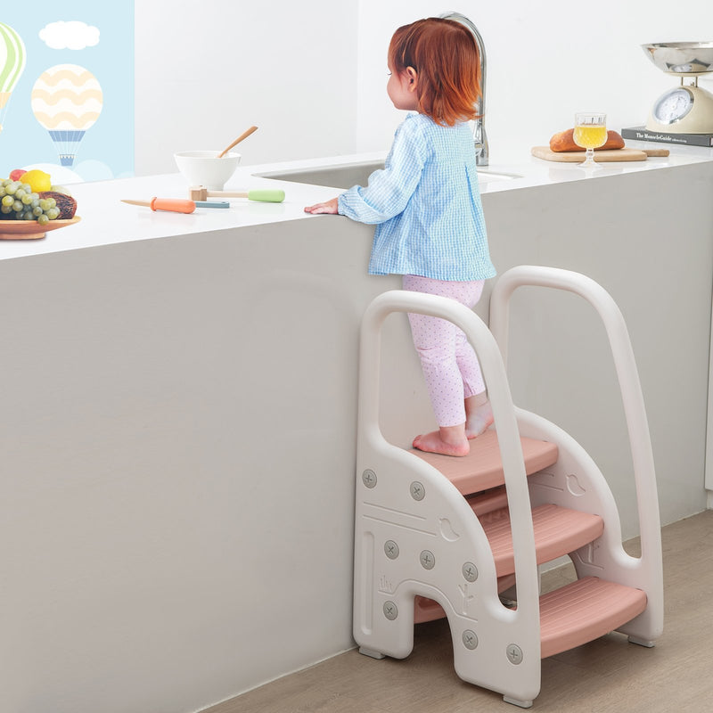 3-Step Stool with Safety Handles and Non-slip Pedals for Toddlers-Pink