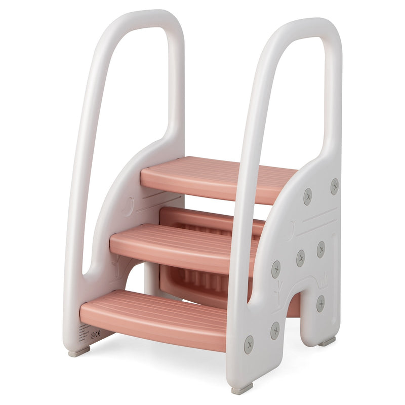 3-Step Stool with Safety Handles and Non-slip Pedals for Toddlers-Pink