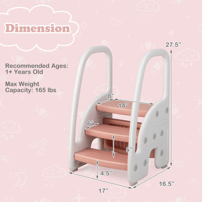 3-Step Stool with Safety Handles and Non-slip Pedals for Toddlers-Pink