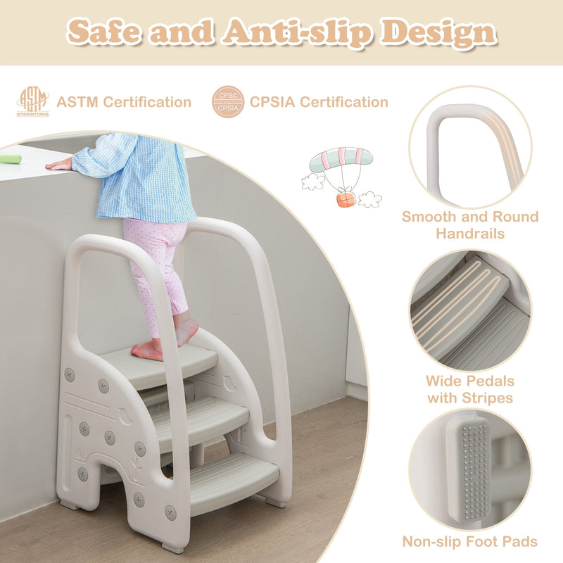 3-Step Stool with Safety Handles and Non-slip Pedals for Toddlers-Gray