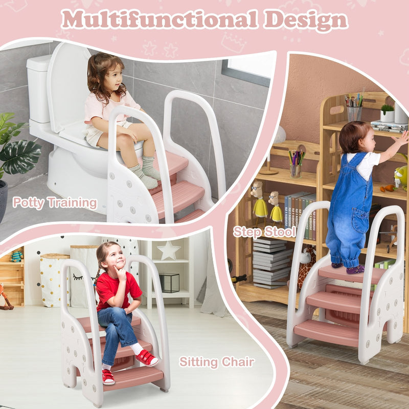 3-Step Stool with Safety Handles and Non-slip Pedals for Toddlers-Pink