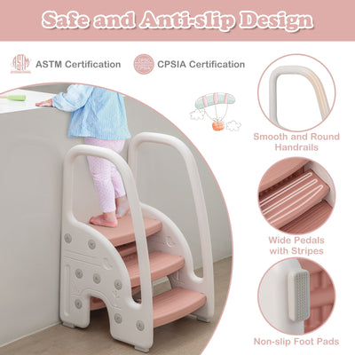 3-Step Stool with Safety Handles and Non-slip Pedals for Toddlers-Pink