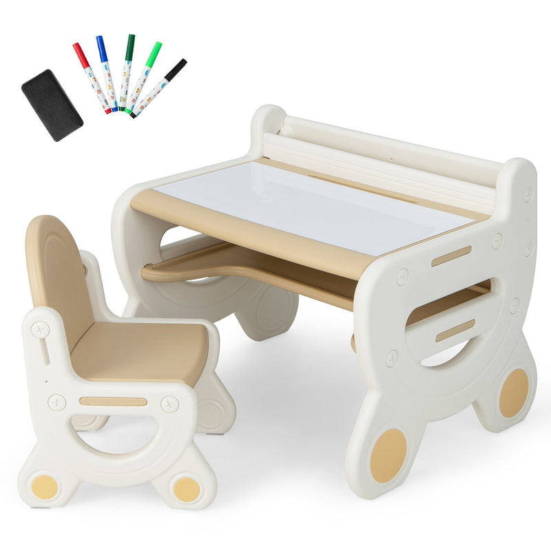 Kids Drawing Table and Chair Set with Watercolor Pens and Blackboard Eraser-Brown