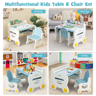 Kids Drawing Table and Chair Set with Watercolor Pens and Blackboard Eraser-Blue