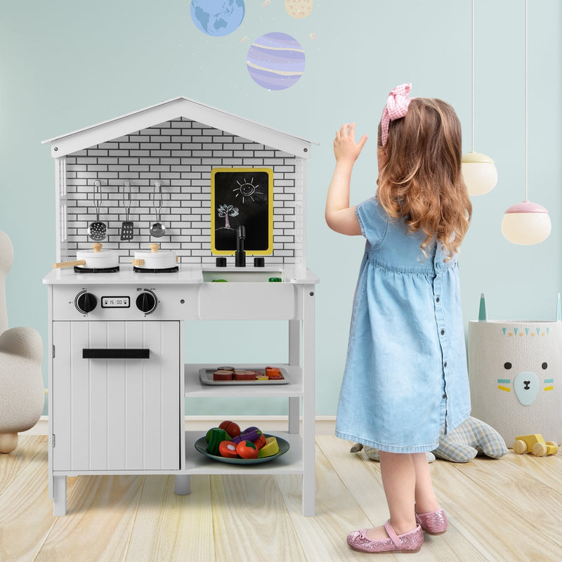 Kids Wooden Kitchen Play Set with Storage Shelves and Accessories-White