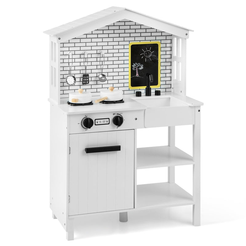 Kids Wooden Kitchen Play Set with Storage Shelves and Accessories-White