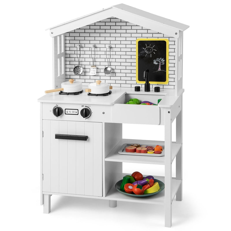 Kids Wooden Kitchen Play Set with Storage Shelves and Accessories-White