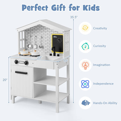 Kids Wooden Kitchen Play Set with Storage Shelves and Accessories-White