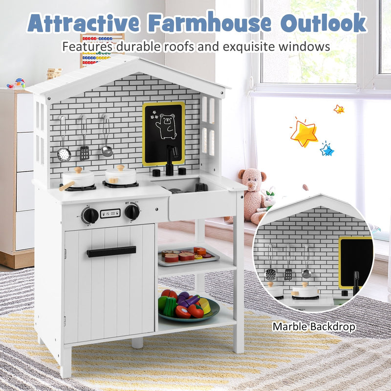 Kids Wooden Kitchen Play Set with Storage Shelves and Accessories-White