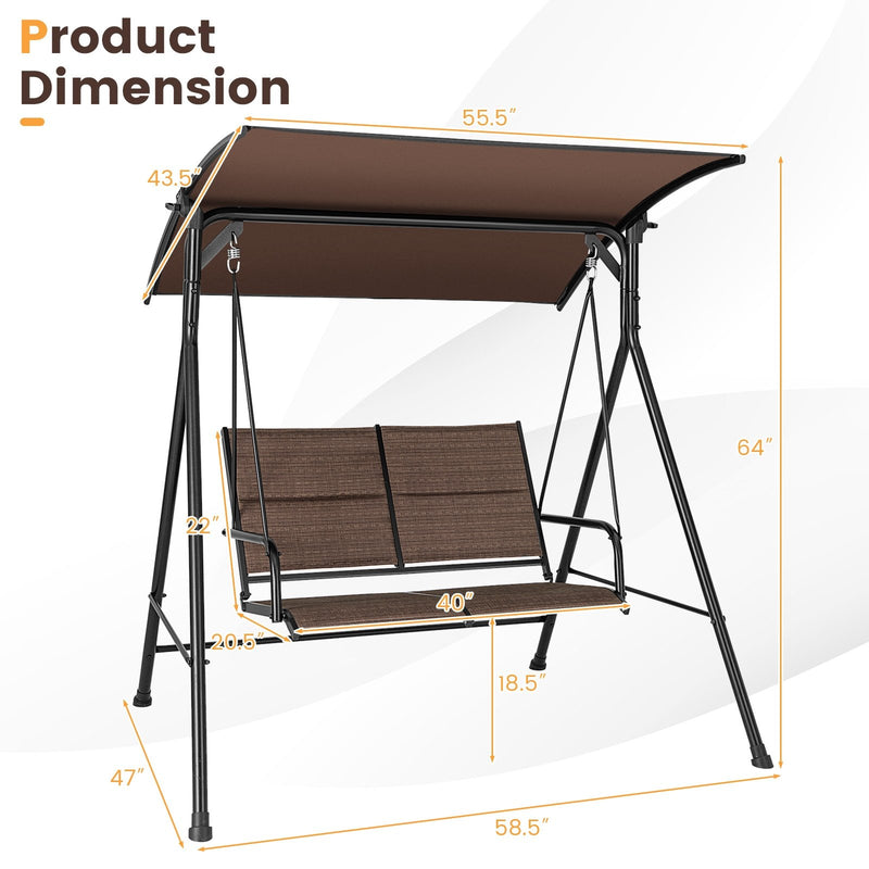 2 Person Porch Swing with Adjustable Canopy and Padded Seat-Brown