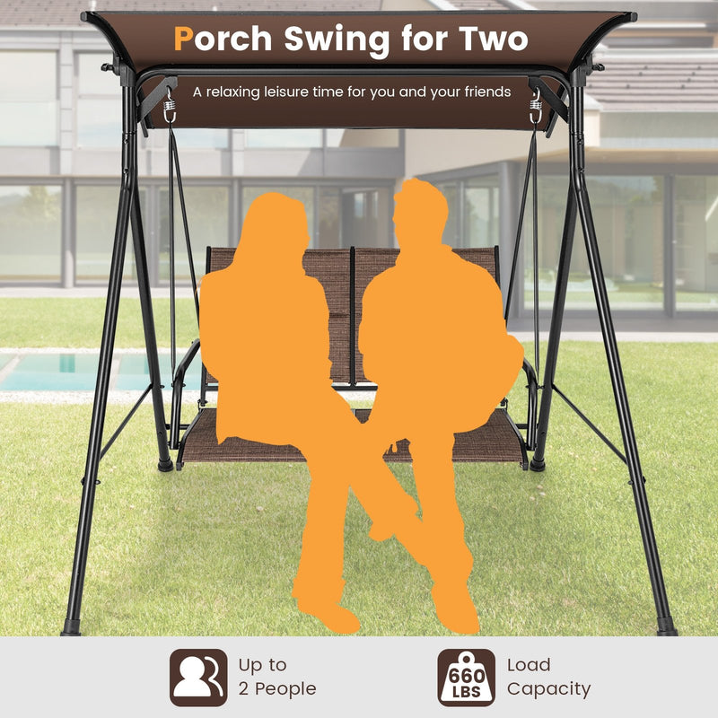 2 Person Porch Swing with Adjustable Canopy and Padded Seat-Brown