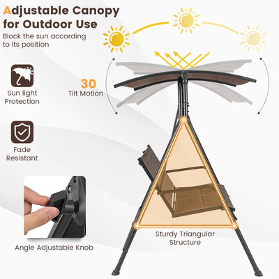 2 Person Porch Swing with Adjustable Canopy and Padded Seat-Brown