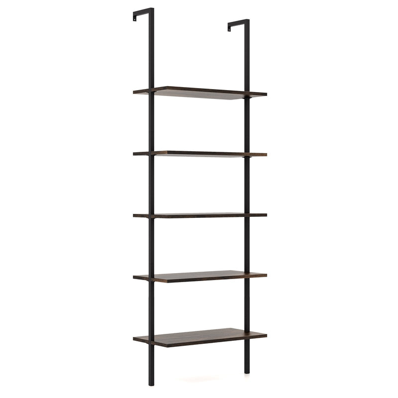 5 Tier Ladder Shelf Wall-Mounted Bookcase with Steel Frame-Brown