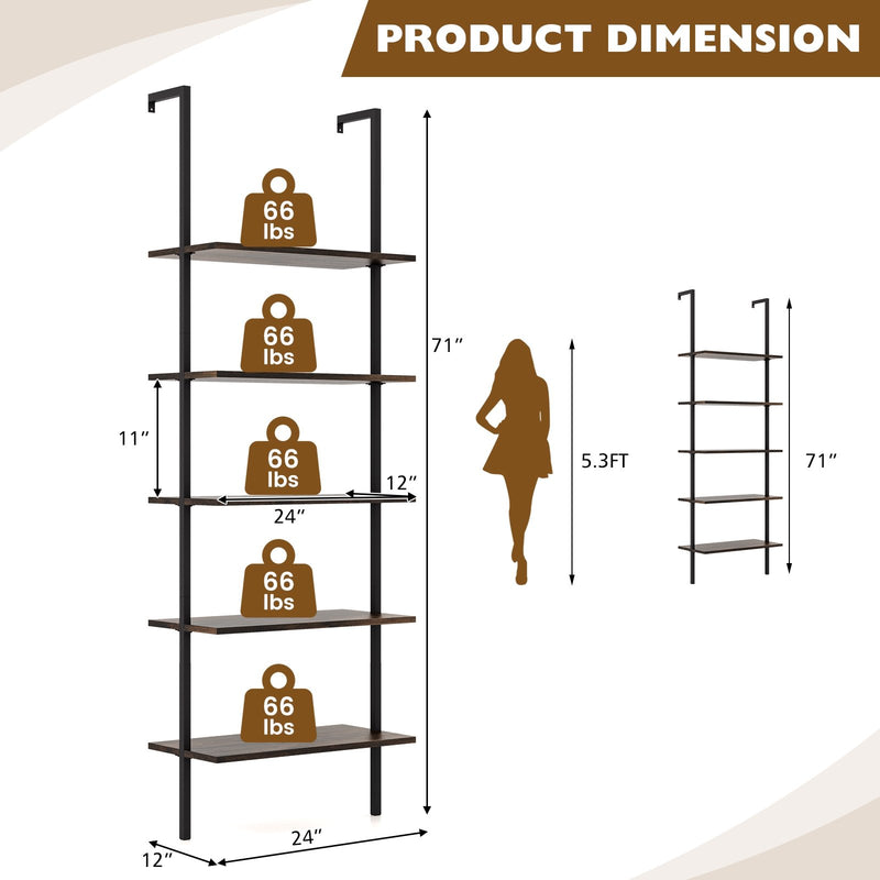 5 Tier Ladder Shelf Wall-Mounted Bookcase with Steel Frame-Brown