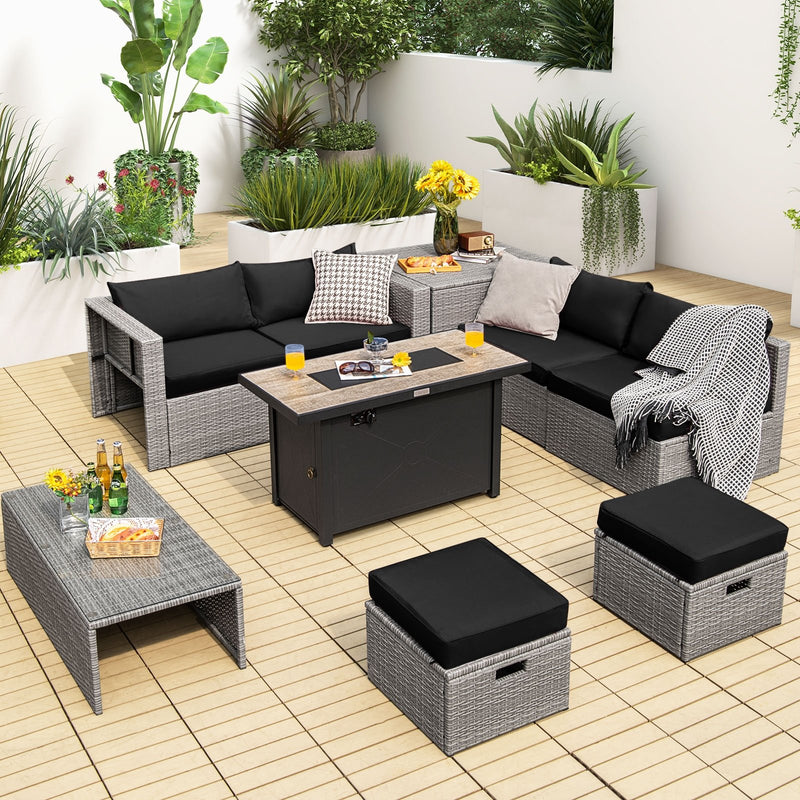 9 Pieces Patio Furniture Set with 42 Inches 60000 BTU Fire Pit-Black