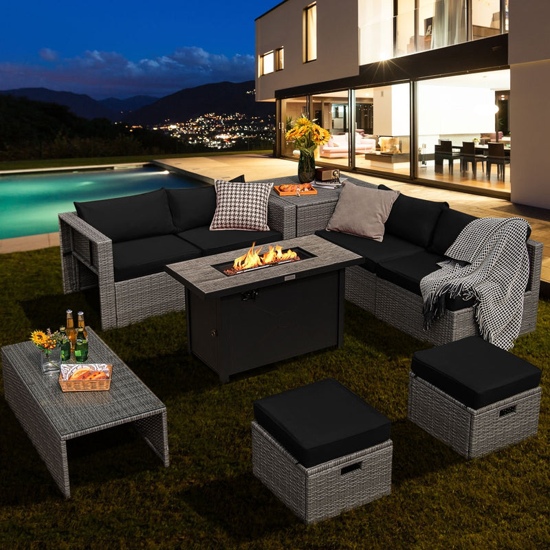 9 Pieces Patio Furniture Set with 42 Inches 60000 BTU Fire Pit-Black