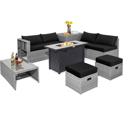 9 Pieces Patio Furniture Set with 42 Inches 60000 BTU Fire Pit-Black