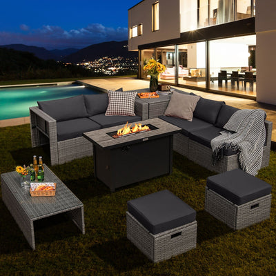 9 Pieces Patio Furniture Set with 42 Inches 60000 BTU Fire Pit-Gray