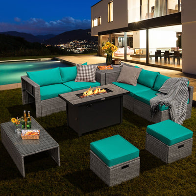 9 Pieces Patio Furniture Set with 42 Inches 60000 BTU Fire Pit-Turquoise