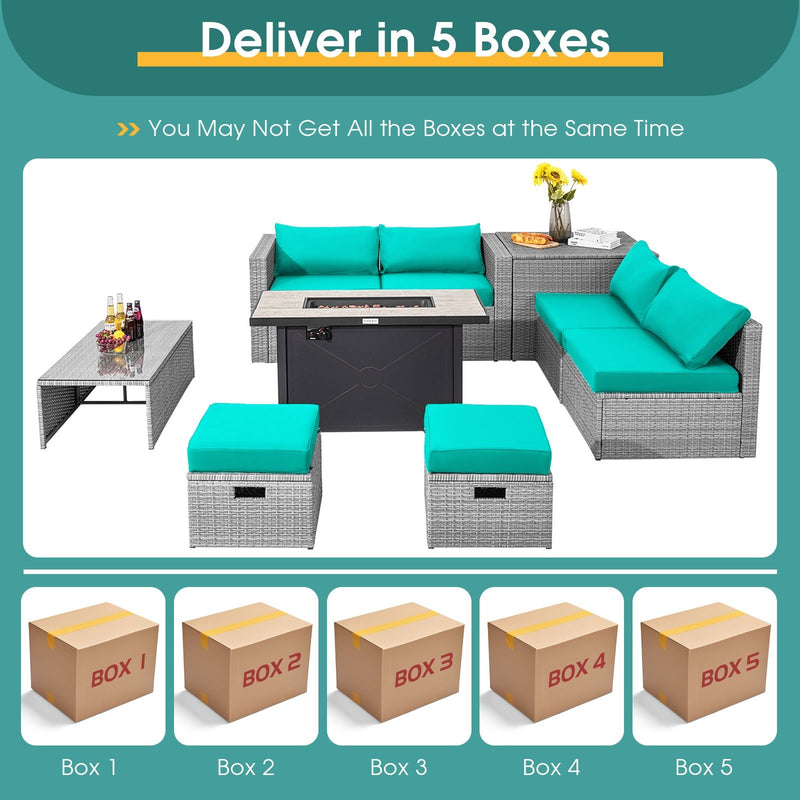 9 Pieces Patio Furniture Set with 42 Inches 60000 BTU Fire Pit-Turquoise