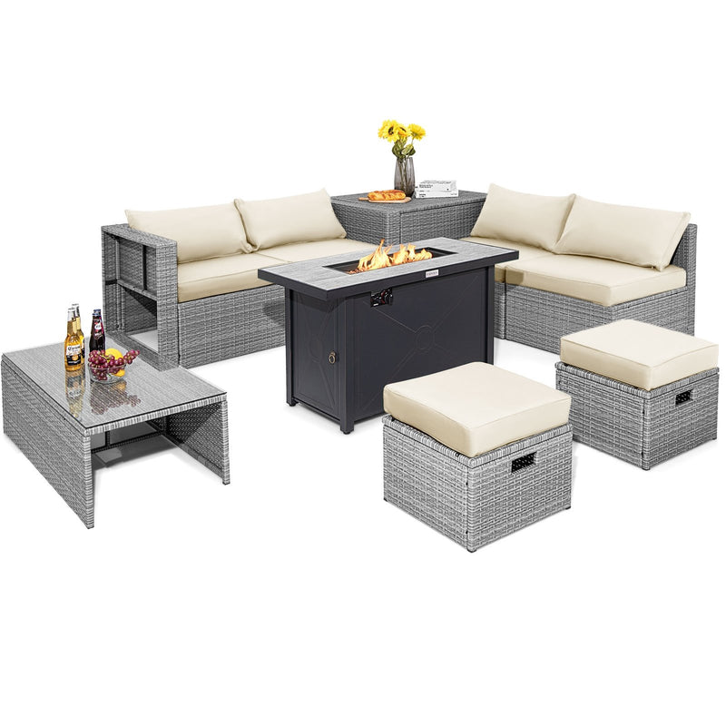 9 Pieces Patio Furniture Set with 42 Inches 60000 BTU Fire Pit-White