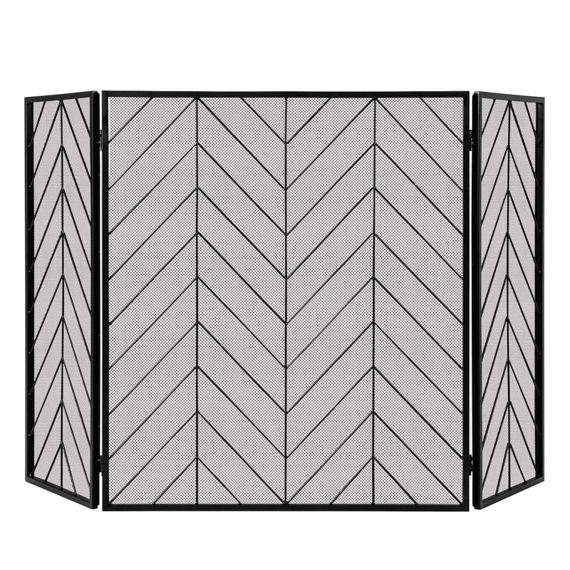 3-Panel Metal Foldable Fireplace Screen with Metal Mesh-Black