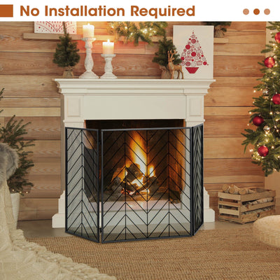 3-Panel Metal Foldable Fireplace Screen with Metal Mesh-Black