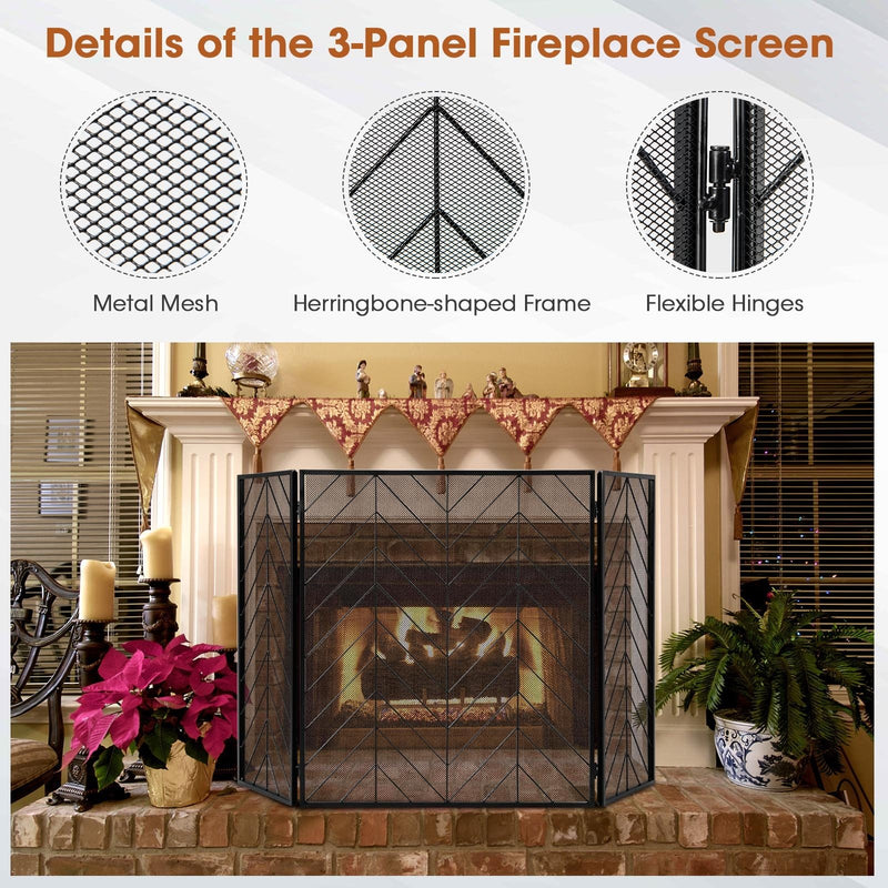 3-Panel Metal Foldable Fireplace Screen with Metal Mesh-Black