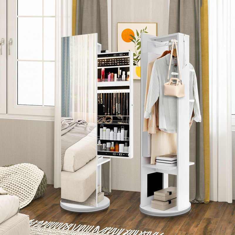 Swivel Jewelry Cabinet Armoire with Full Length Mirror and Coat Rack-White