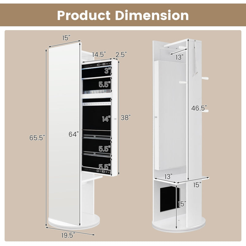 Swivel Jewelry Cabinet Armoire with Full Length Mirror and Coat Rack-White