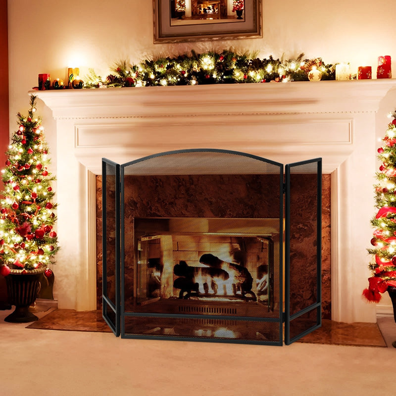 3-Panel Foldable Fireplace Screen with Wrought Metal Mesh-Black