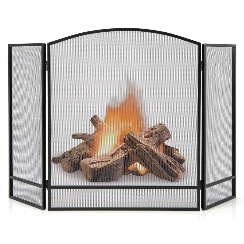 3-Panel Foldable Fireplace Screen with Wrought Metal Mesh-Black