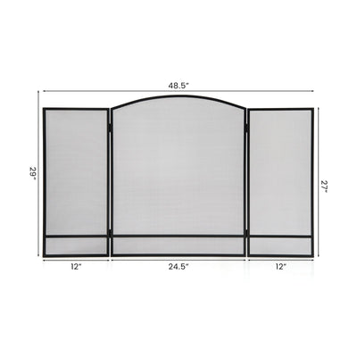 3-Panel Foldable Fireplace Screen with Wrought Metal Mesh-Black