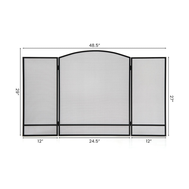 3-Panel Foldable Fireplace Screen with Wrought Metal Mesh-Black