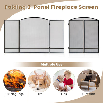 3-Panel Foldable Fireplace Screen with Wrought Metal Mesh-Black