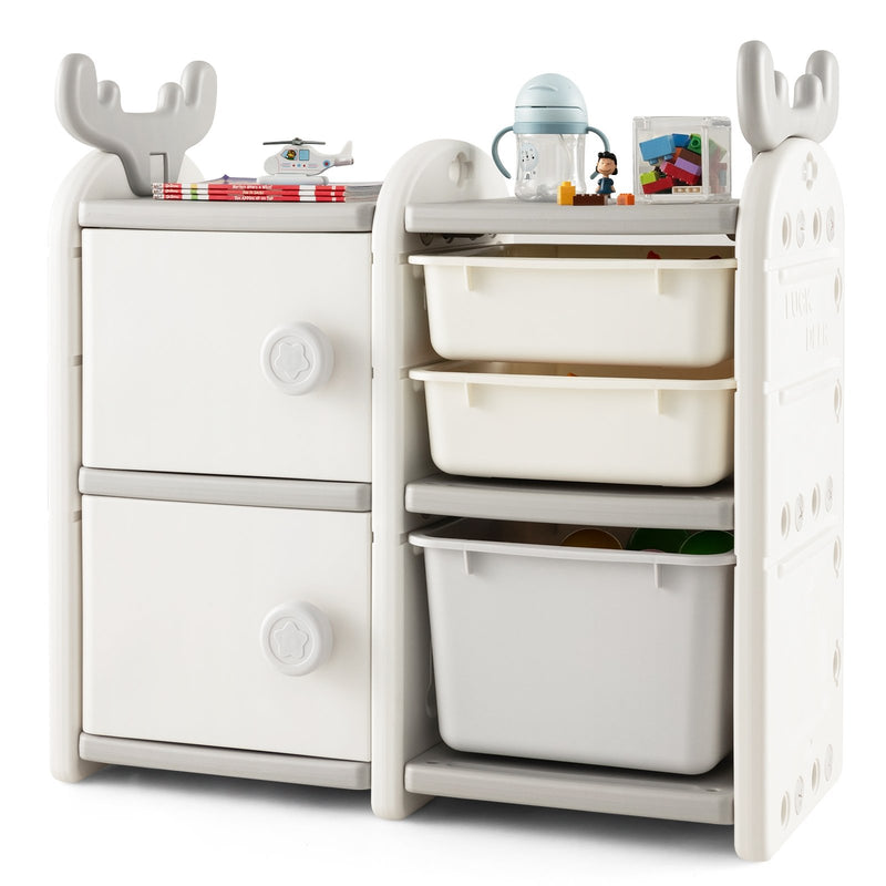 31 Inch Toy Chest and Bookshelf with Enclosed Cabinets and Pull-out Drawers-Gray