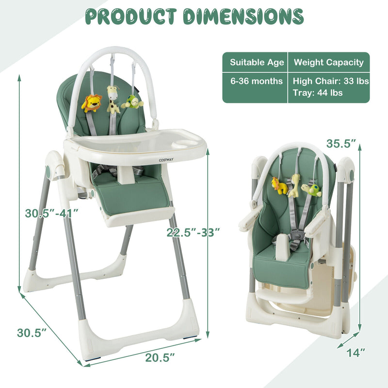 4-in-1 Foldable Baby High Chair with 7 Adjustable Heights and Free Toys Bar-Green